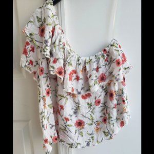 One Shoulder Flowy Floral Blouse Ruffle Hem
